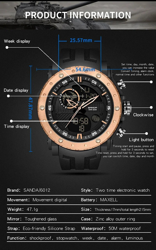 SANDA skaitmeninis LED laikrodis vyriškas karinis sportinis kvarcinis rankinis laikrodis aukščiausios markės prabangus chronometras, vandeniui atsparus vyriškas elektroninis laikrodis 6012