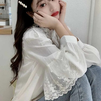 Модни разрошени есенни дамски блузи с яка и щанга Дамски горнища Ретро дантелени ризи Корейски сладки широки дрехи Дамски 11335
