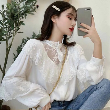 Μόδα με βολάν, φθινοπωρινά κορδόνια, γυναικείες μπλούζες με γιακά, γυναικείες μπλούζες Vintage δαντελένια πουκάμισα Κορεατικά γλυκά φαρδιά γυναικεία ρούχα 11335