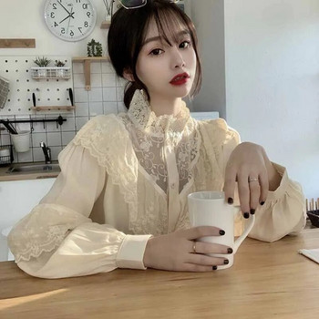 Модни разрошени есенни дамски блузи с яка и щанга Дамски горнища Ретро дантелени ризи Корейски сладки широки дрехи Дамски 11335