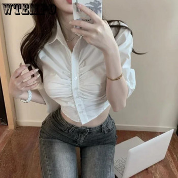 WTEMPO Ins Секси изрязани топове Модни блузи за жени Туника с гънки Ежедневни ризи с къс ръкав Корейски нови Y2K сини бели тениски