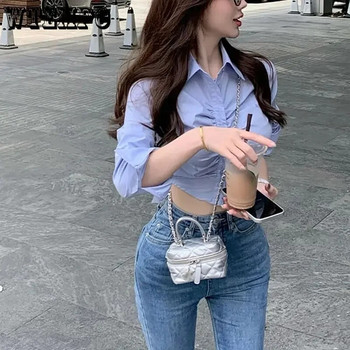 WTEMPO Ins Секси изрязани топове Модни блузи за жени Туника с гънки Ежедневни ризи с къс ръкав Корейски нови Y2K сини бели тениски