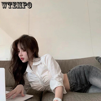 WTEMPO Ins Μόδα μπλούζες με σέξι κομμένα μπλουζάκια για γυναικείες μπλούζες με κοντό μανίκι, καθημερινά πουκάμισα Κορεατικά νέα Y2K μπλε λευκά μπλουζάκια
