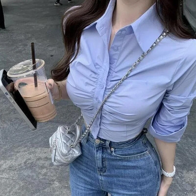 WTEMPO Ins Μόδα μπλούζες με σέξι κομμένα μπλουζάκια για γυναικείες μπλούζες με κοντό μανίκι, καθημερινά πουκάμισα Κορεατικά νέα Y2K μπλε λευκά μπλουζάκια