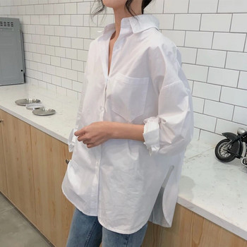Γυναικείο λευκό πουκάμισο βαμβακερό 2023 Άνοιξη φθινόπωρο Vintage γυναικεία μπλουζάκια μακρυμάνικο casual με γυριστό γιακά Γυναικείες φαρδιά μπλούζες 11456