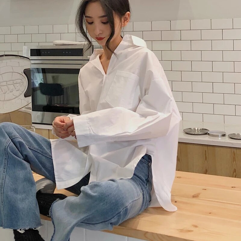 Cămașă albă din bumbac pentru femei 2023, primăvară, toamnă, epocă, bluze pentru femei, cu mâneci lungi, ocazional, cu guler răsturnat, bluze largi pentru femei 11456