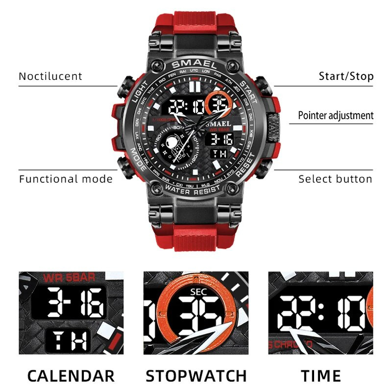 SMAEL Digitalni sat Muški Vodootporni Vojni Army Shock Quartz Dual Display Sport Muški Ručni sat LED Chrono Elektronski sat