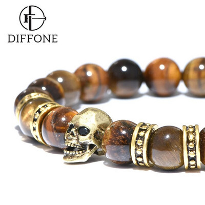 Diffone Мъжка гривна от естествен камък Gothic Skull Braslet Tiger eye Brazalete Beads Accessories For Hombre Viking Braclet Pulsera