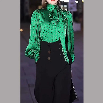 Моден шал с яка с връзки и панделка Блузи на точки Дамско облекло 2023 Есен Зима Нови офис дамски горнища Ризи с ръкави с фенери