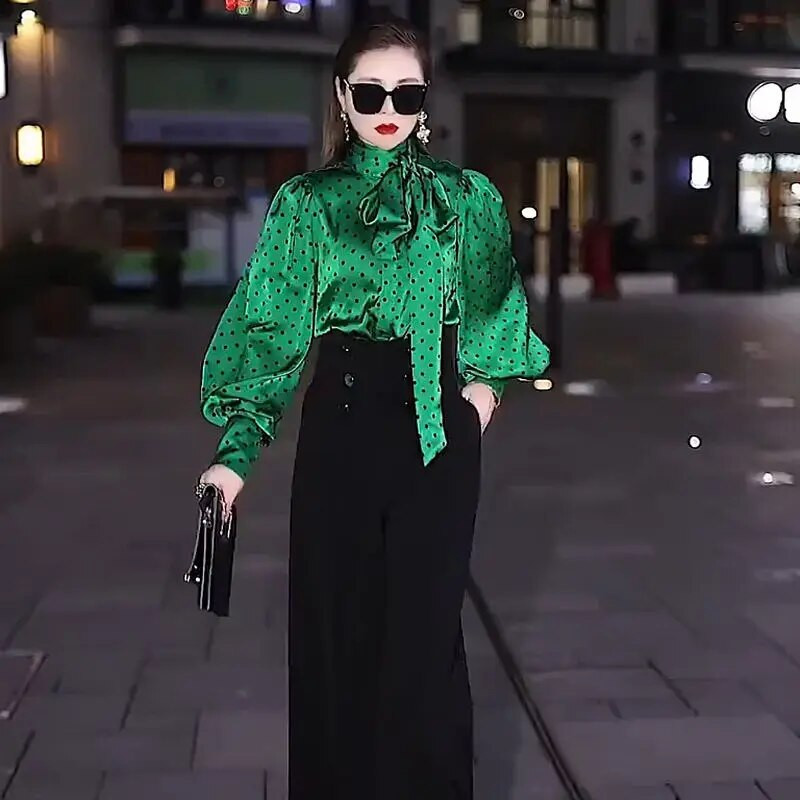 Eșarfă de modă Guler cu dantelă Fundă Bluze cu buline Îmbrăcăminte pentru femei 2023 Toamna Iarnă New Office Lady Tops Cămăși cu mâneci lanternă