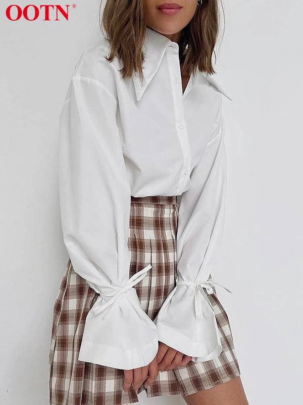 OOTN Office Lady Bluză albă cu dantelă pentru femei, cămașă elegantă cu mânecă lungă, cu guler răsturnat, slăbită, toamna 2023, coreeană