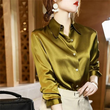 Висококачествена риза, дамска лятна риза, тънък стил, нова широка тънка офисна луксозна копринена сатенена блуза с дълги ръкави