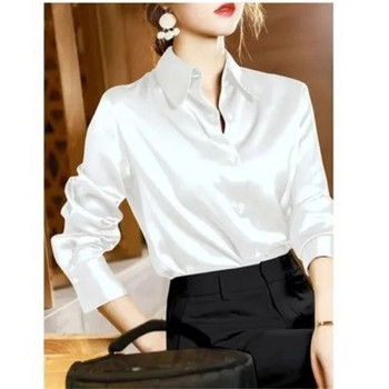 Висококачествена риза, дамска лятна риза, тънък стил, нова широка тънка офисна луксозна копринена сатенена блуза с дълги ръкави