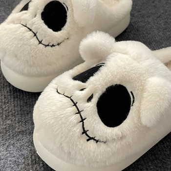 Зимни топли памучни чехли Дамски дебели домашни обувки за под на закрито Дизайн на главата на черепа Меки и леки плюшени чехли