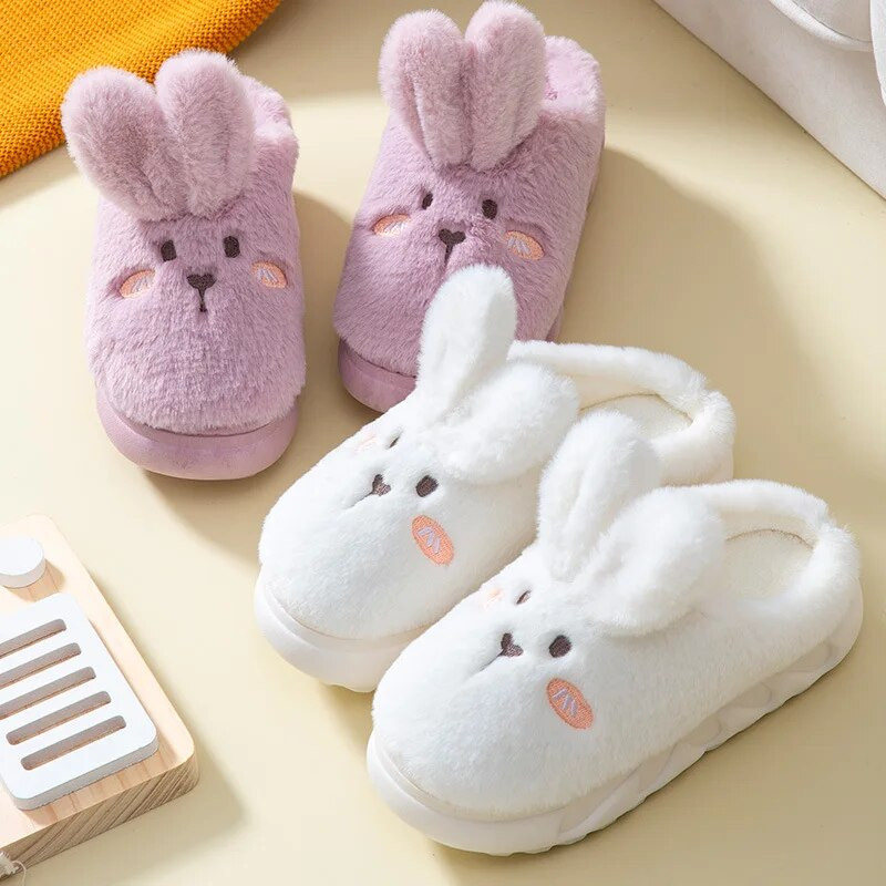 Namų šlepetės Žieminės medvilninės šlepetės namo šiltos patalpose mielos baltos zuikio šlepetės Minkštos šiltos moters pūkuotos pūkuotos minkštos pado batai
