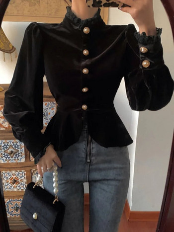 Woherb Κορεάτικο Vintage Φανάρι μανίκι Blusa Δαντέλα με ψηλό λαιμό με μαργαριταρένιο κουμπί Μαύρο λεπτό κομψό βελούδινο μπλούζα γυναικείο πουκάμισο Crop