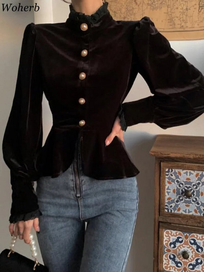 Woherb koreai vintage lámpás ujjú blusa csipke magas nyakú gyöngygombos fekete vékony elegáns divatos bársony blúz női Crop ing