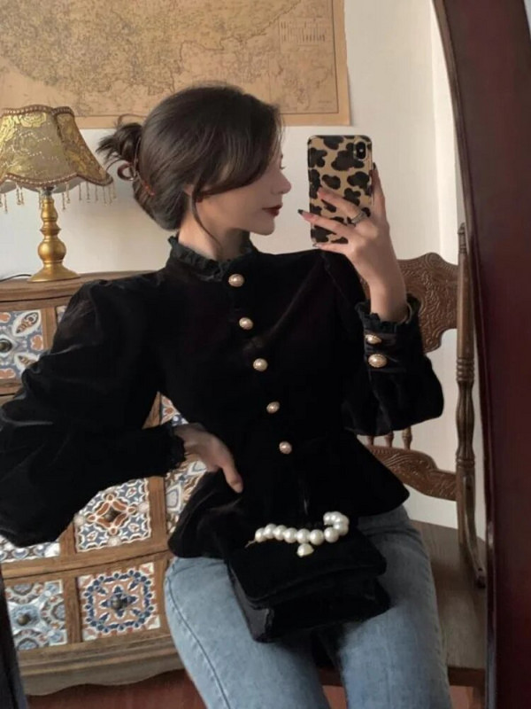 Woherb koreai vintage lámpás ujjú blusa csipke magas nyakú gyöngygombos fekete vékony elegáns divatos bársony blúz női Crop ing