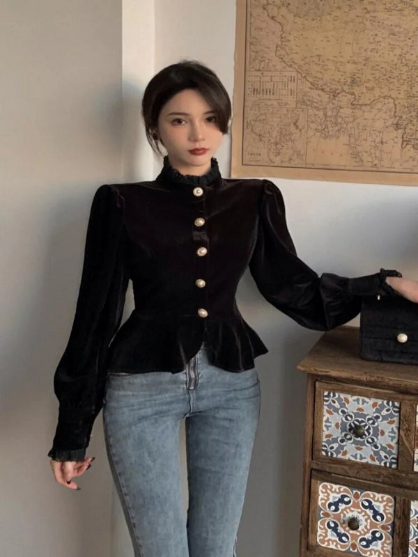 Woherb koreai vintage lámpás ujjú blusa csipke magas nyakú gyöngygombos fekete vékony elegáns divatos bársony blúz női Crop ing