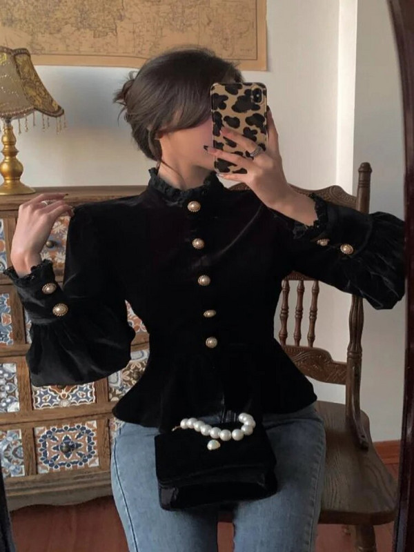 Woherb koreai vintage lámpás ujjú blusa csipke magas nyakú gyöngygombos fekete vékony elegáns divatos bársony blúz női Crop ing