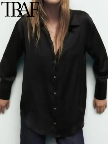 TRAF 2023 Дамска есенна многоцветна модна блуза Ретро широка дамска риза с дълъг ръкав Едноредно шикозен топ Mujer Черен 
