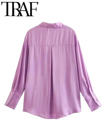 TRAF 2023 Дамска есенна многоцветна модна блуза Ретро широка дамска риза с дълъг ръкав Едноредно шикозен топ Mujer Черен 