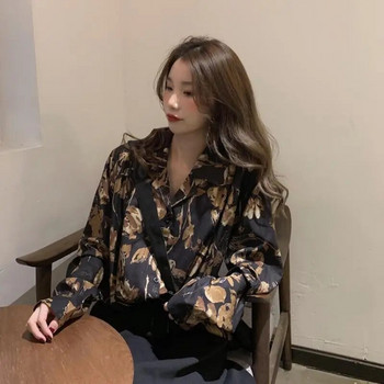 QWEEK Винтидж дамски блузи Големи размери Harajuku Черна риза Streetwear Preppy Style Kpop Мода Шифон Топ с дълъг ръкав Ежедневни
