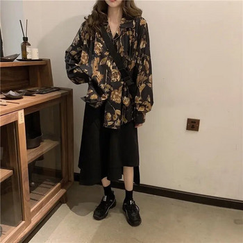 QWEEK Vintage γυναικείες μπλούζες Oversized Harajuku Μαύρο πουκάμισο Streetwear Preppy Style Kpop Fashion Chiffon Μακρυμάνικο Top Casual