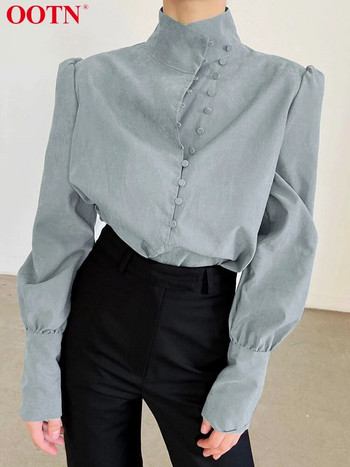OOTN Елегантна водолазка Бяла дамска блуза Модни офис ризи с дълъг ръкав Дамски едноредни горнища с буф ръкави 2023 Пролет