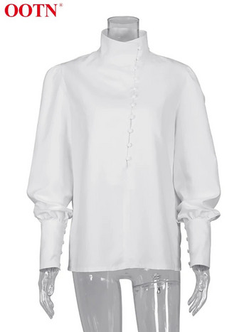 OOTN Елегантна водолазка Бяла дамска блуза Модни офис ризи с дълъг ръкав Дамски едноредни горнища с буф ръкави 2023 Пролет