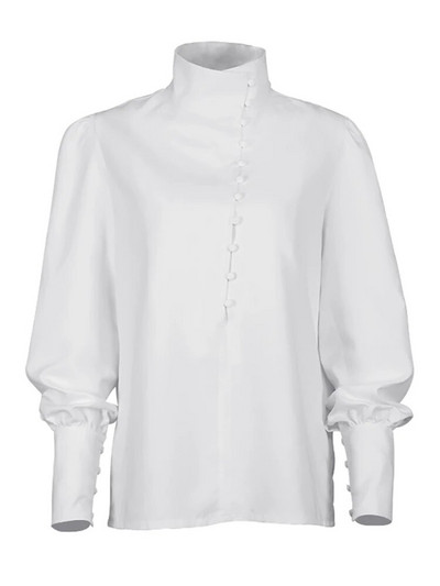 OOTN Bluză elegantă cu guler alb pentru femeie, la modă, la birou, cămăși cu mânecă lungă, pentru femei, cu mâneci bufante, cu un singur piept, primăvară 2023