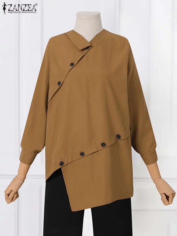 ZANZEA cămașă casual cu tiv asimetric pentru femei, cu mânecă lungă, îmbrăcăminte de stradă, la modă, bluză, nasturi, îmbinare șic, topuri de toamnă 2023 pentru femei