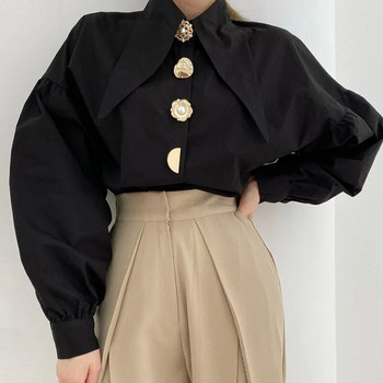 Корейски шик заострена деколте с едно перлено копче Бяла риза Дамска модна широка блуза с дълъг ръкав Ежедневни едноцветни дамски топове