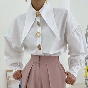 Корейски шик заострена деколте с едно перлено копче Бяла риза Дамска модна широка блуза с дълъг ръкав Ежедневни едноцветни дамски топове