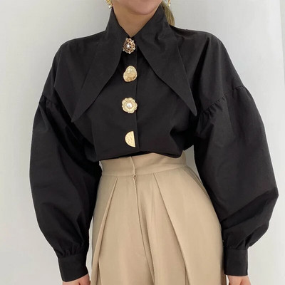 Korejski šik šiljati ovratnik Bijela košulja s jednim bisernim gumbom Ženska modna labava puf bluza dugih rukava Ležerne jednobojne ženske majice