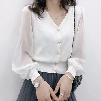 Дамски блузи в пролетно-есенен стил Риза Дамски плетени копчета с дълъг ръкав Едноцветни дантелени пачуърк топове SP820