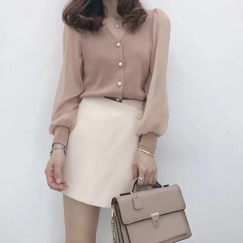 Bluze în stil de primăvară toamnă pentru femei Cămașă tricotată cu nasturi cu mânecă lungă din dantelă de culoare uni Topuri cu mozacuri SP820