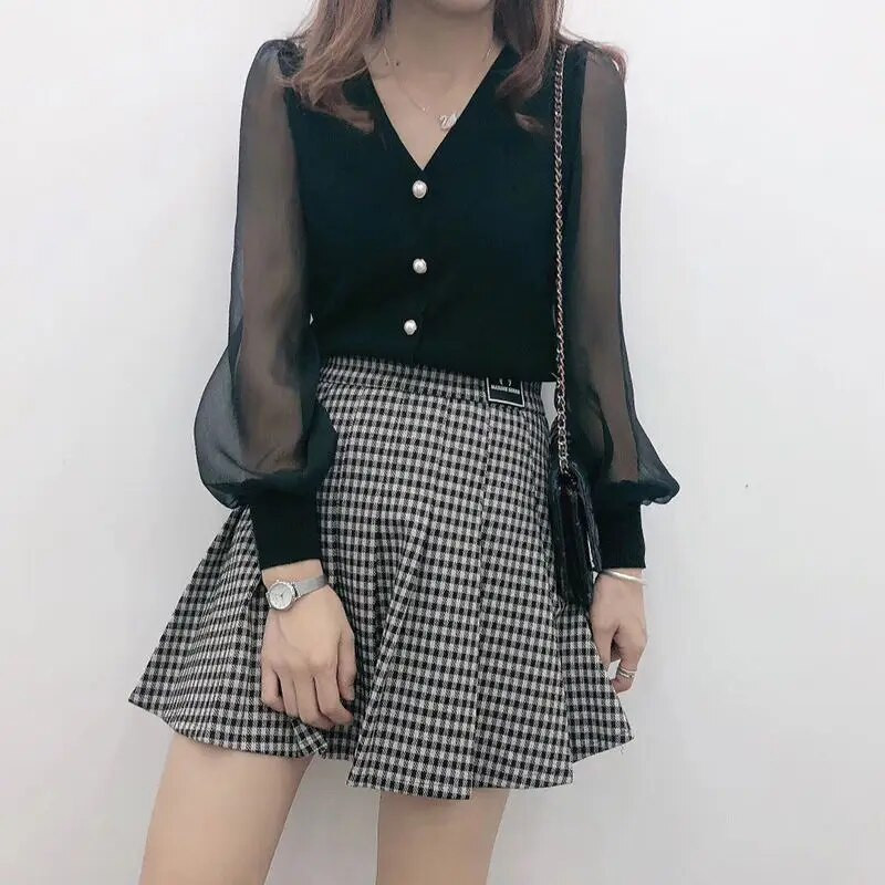 Bluze în stil de primăvară toamnă pentru femei Cămașă tricotată cu nasturi cu mânecă lungă din dantelă de culoare uni Topuri cu mozacuri SP820