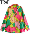 TRAF 2023 Ροζ στάμπα σατέν πουκάμισο Γυναικείο πουκάμισο Vintage με κουμπί επάνω Γυναικείο μακρυμάνικο μπλουζάκι Γυναικείο πουκάμισο Χαβάης