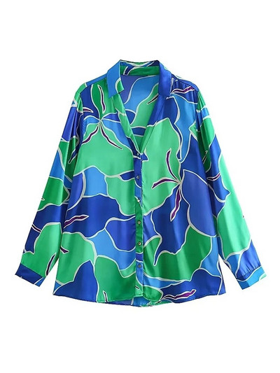 TRAF 2023 Ροζ στάμπα σατέν πουκάμισο Γυναικείο πουκάμισο Vintage με κουμπί επάνω Γυναικείο μακρυμάνικο μπλουζάκι Γυναικείο πουκάμισο Χαβάης