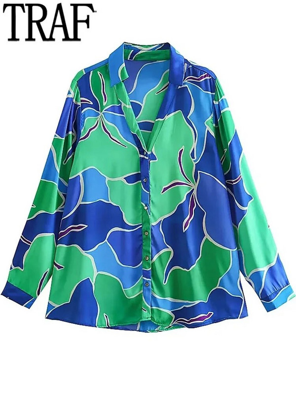 TRAF 2023 Ροζ στάμπα σατέν πουκάμισο Γυναικείο πουκάμισο Vintage με κουμπί επάνω Γυναικείο μακρυμάνικο μπλουζάκι Γυναικείο πουκάμισο Χαβάης