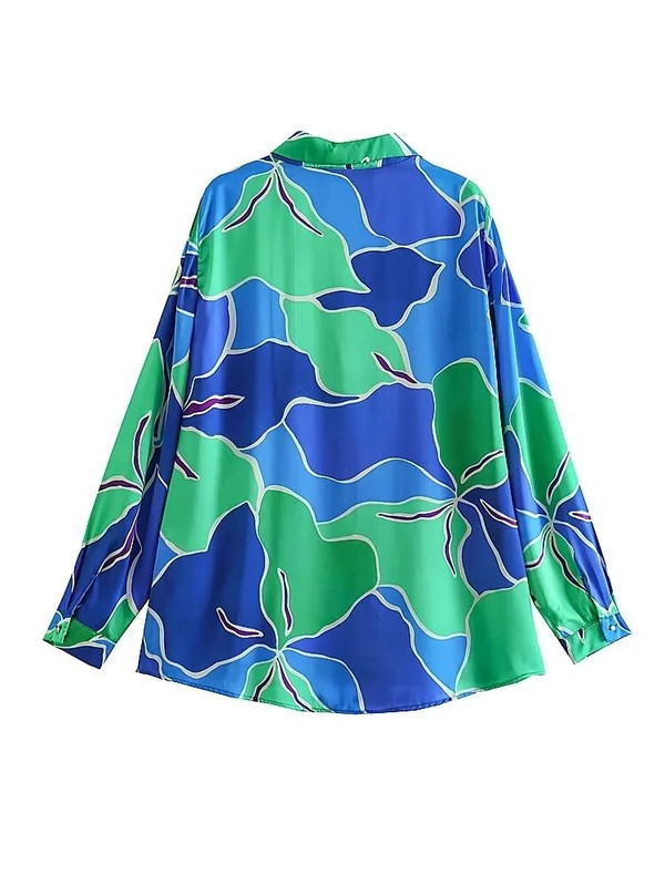 TRAF 2023 Ροζ στάμπα σατέν πουκάμισο Γυναικείο πουκάμισο Vintage με κουμπί επάνω Γυναικείο μακρυμάνικο μπλουζάκι Γυναικείο πουκάμισο Χαβάης