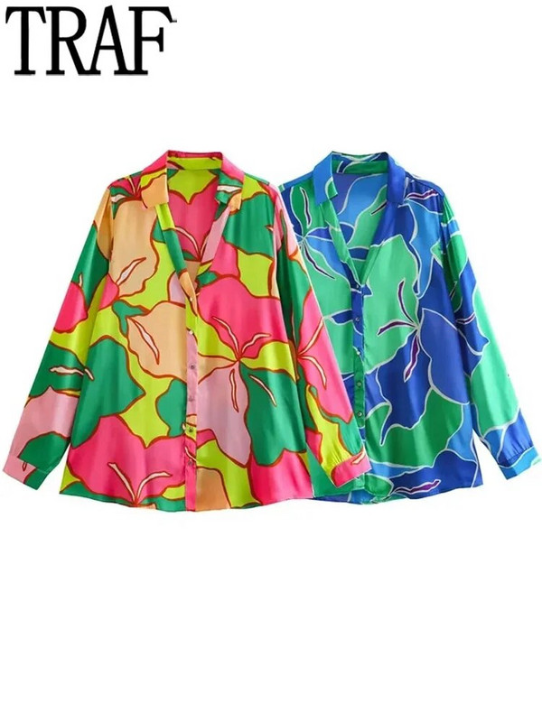 TRAF 2023 Ροζ στάμπα σατέν πουκάμισο Γυναικείο πουκάμισο Vintage με κουμπί επάνω Γυναικείο μακρυμάνικο μπλουζάκι Γυναικείο πουκάμισο Χαβάης
