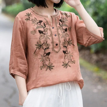 Дамска модна бродирана едноцветна риза с V-образно деколте Лятно женско облекло Нова реколта Свободна ежедневна блуза с половин ръкав