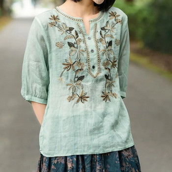 Дамска модна бродирана едноцветна риза с V-образно деколте Лятно женско облекло Нова реколта Свободна ежедневна блуза с половин ръкав
