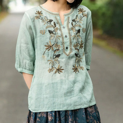 Cămașă cu decolteu în V, cu îmbrăcăminte, broderie de modă pentru femei