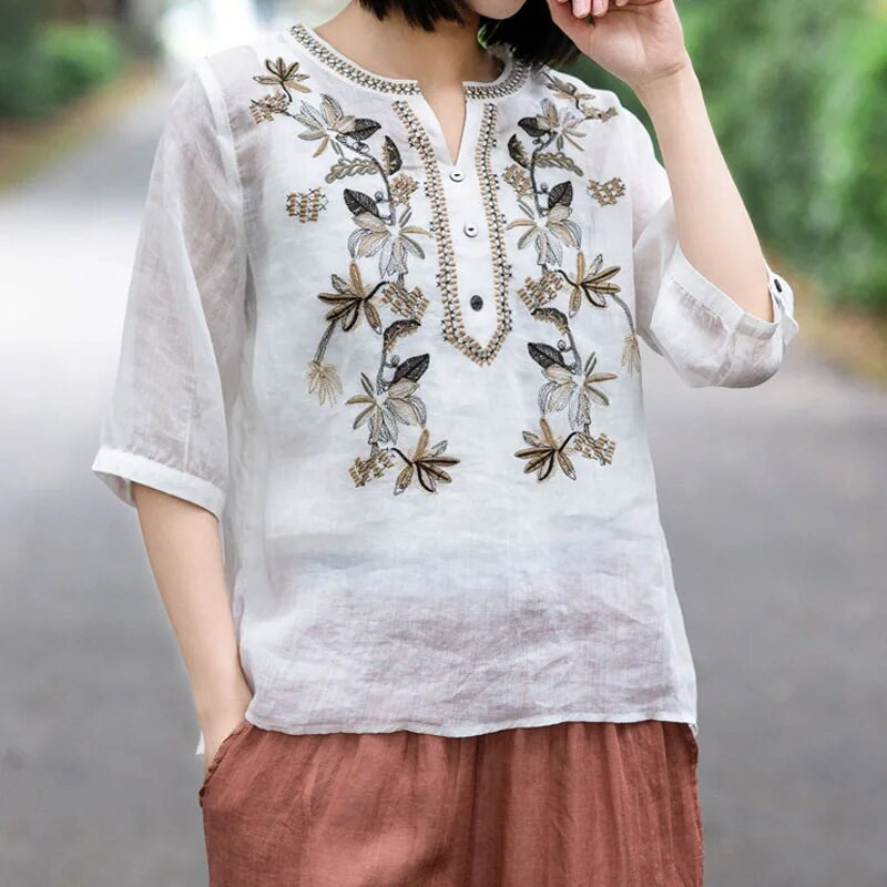 Cămașă cu decolteu în V, cu îmbrăcăminte, broderie de modă pentru femei