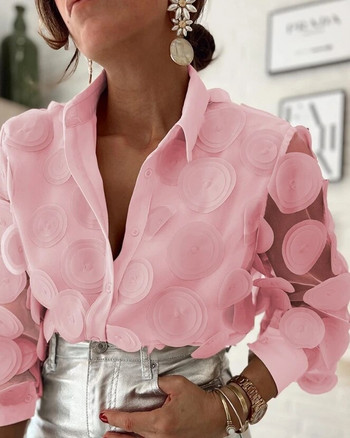 Γυναικεία μόδα λουλουδάτο μοτίβο Μακρυμάνικο τοπ ημιδιαφανές πλέγμα μπάλωμα σχέδιο Γυναικείες χαλαρές κομψές μπλούζες με κουμπιά