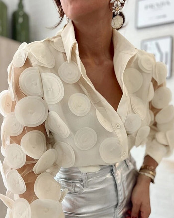 Дамска модна горна част с дълъг ръкав с флорални мотиви, полупрозрачна мрежеста кръпка с дизайн на кръпки Дамски ежедневни широки елегантни блузи с копчета