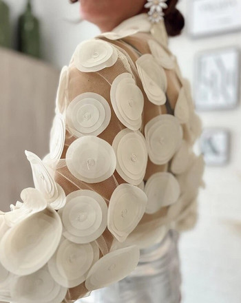 Дамска модна горна част с дълъг ръкав с флорални мотиви, полупрозрачна мрежеста кръпка с дизайн на кръпки Дамски ежедневни широки елегантни блузи с копчета